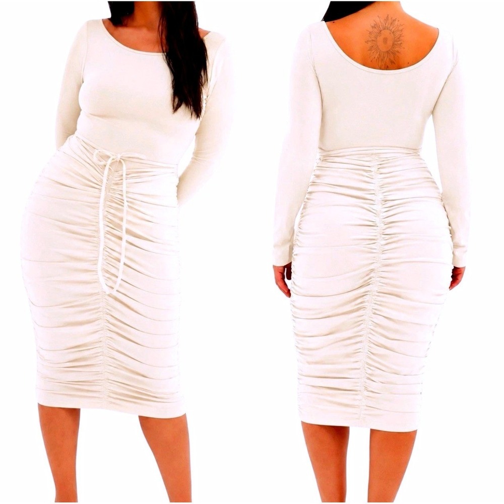 Girlfriend Collective Andi Ivory Ruched Long Sleeve Midi Dress XXL New 2736